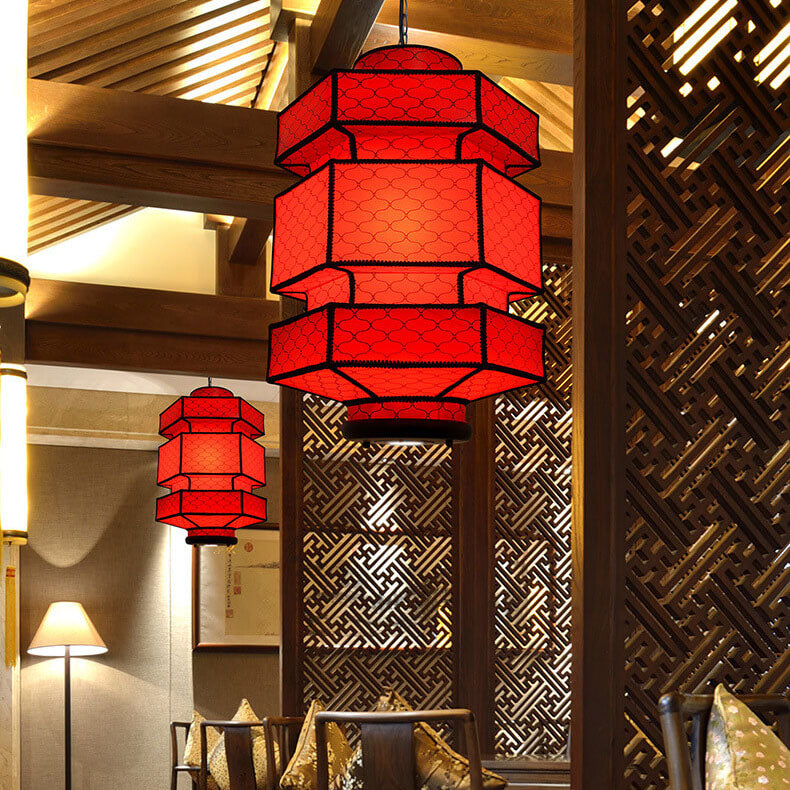 Chinese Retro Hexagonal Faux Sheepskin Pendant Light - 1-Light Iron Fixture