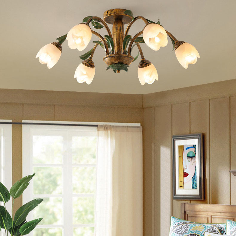 Traditional Rustic Floral Iron Glass Semi-Flush Mount Ceiling Light for Living Room - 6/8/10 Light Options