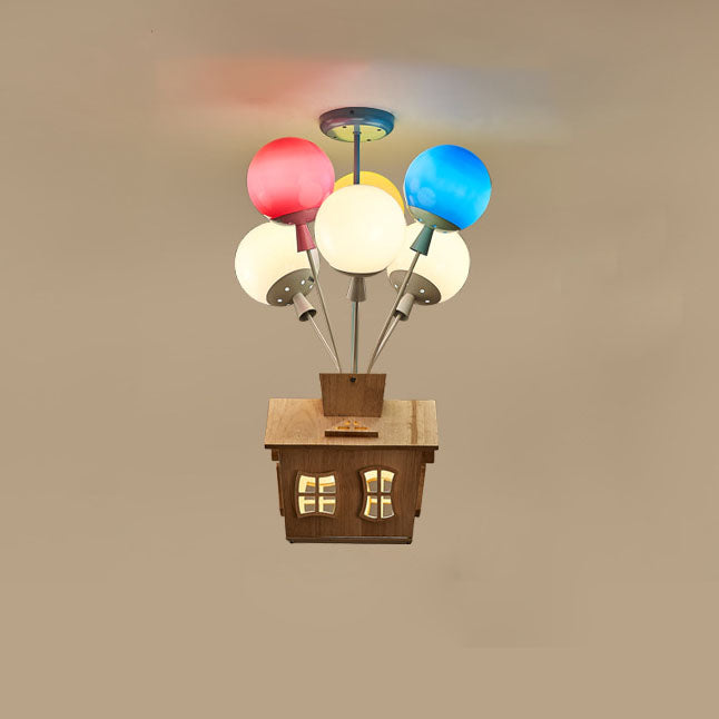 Contemporary Colorful Acrylic Balloon Log Cabin Semi-Flush Mount Ceiling Light for Kids Bedroom, 7/9-Light Bright Chandelier, Fun Decorative Lighting, Modern Kids Room Fixture, Playful Nursery Ceiling Lamp