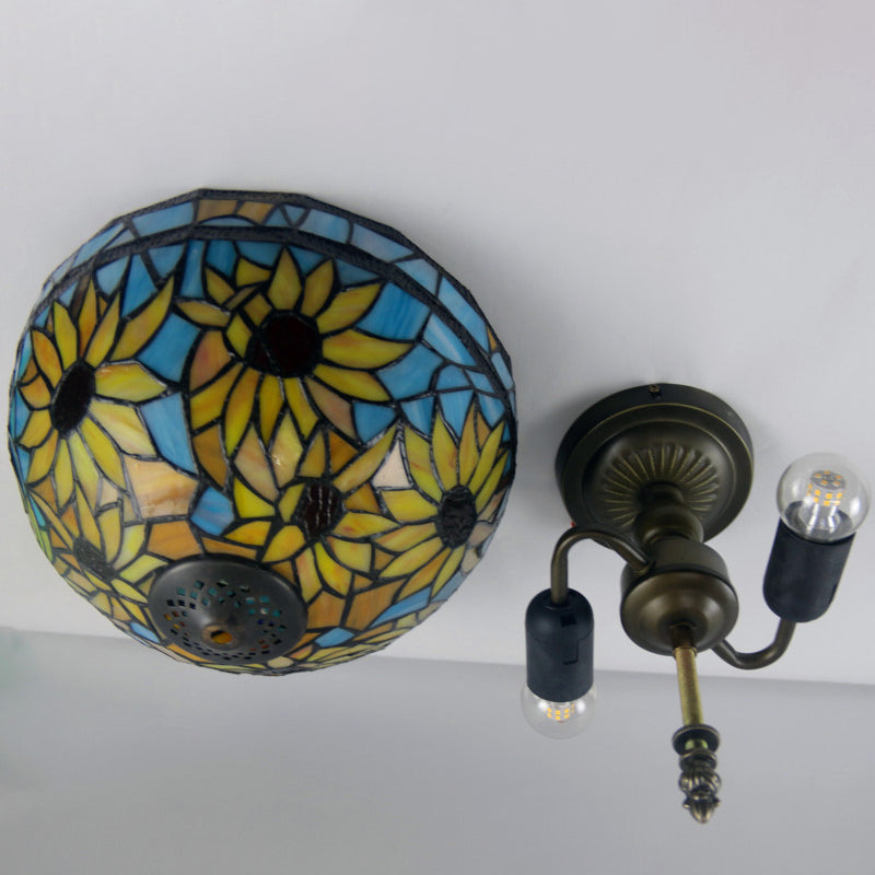 Traditional Tiffany Dome Sunflower Iron Glass Semi-Flush Mount Light - 2-Light Fixture for Hallway