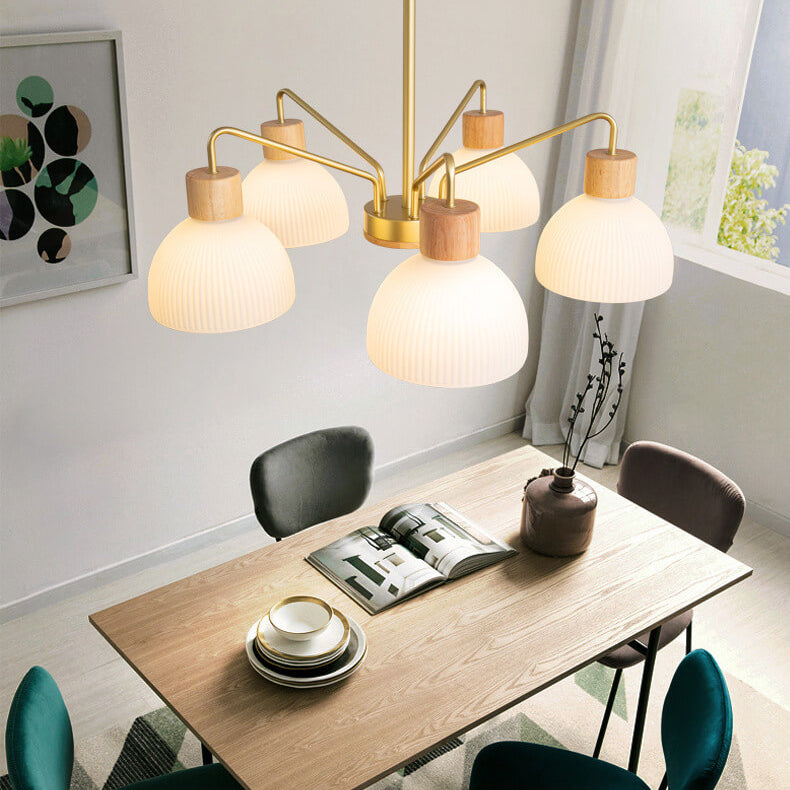 Nordic Vintage Wooden Glass Dome Chandelier 3/5 Light Fixture