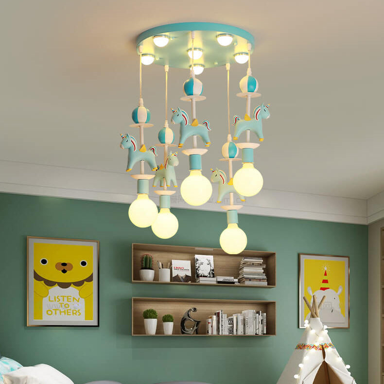 Modern Children's Carousel Eye Protection Resin Iron 1/7/11 Light Flush Mount Ceiling Light for Kids Room Nursery Playroom Colorful Decorative Ceiling Lamp Safe Energy-Efficient Design Bright LED Fixture Stylish Home Decor Indoor Lighting Ideal for Baby R