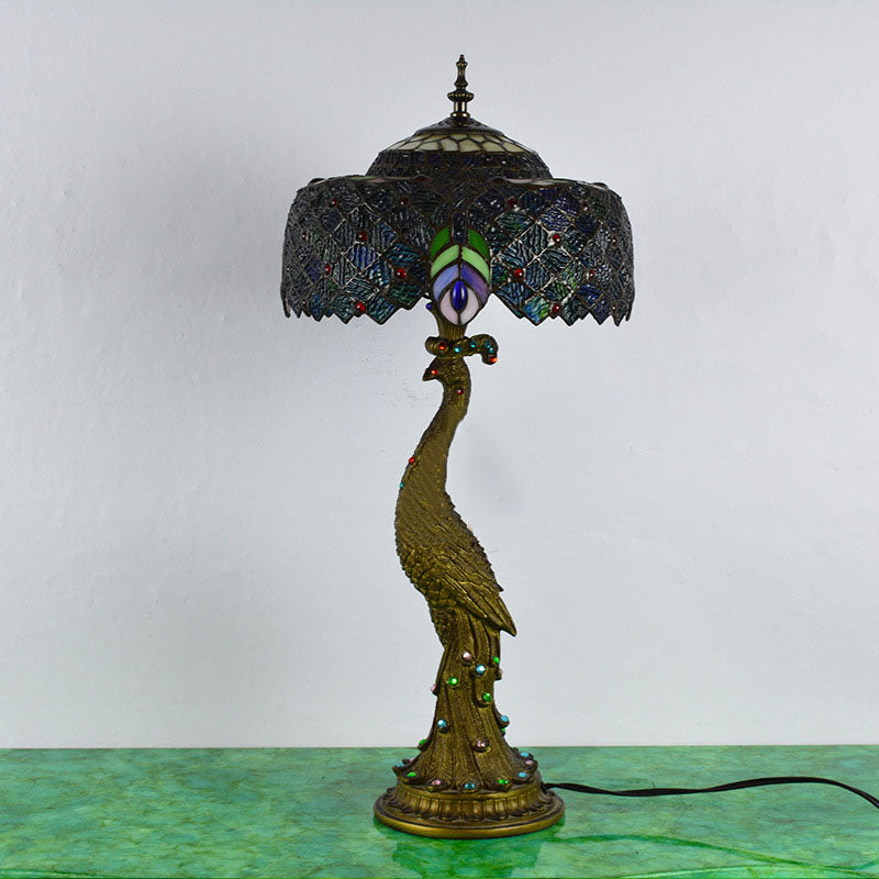 Tiffany Peacock Gem Glass Resin Table Lamp - 1-Light for Living Room & Bedroom