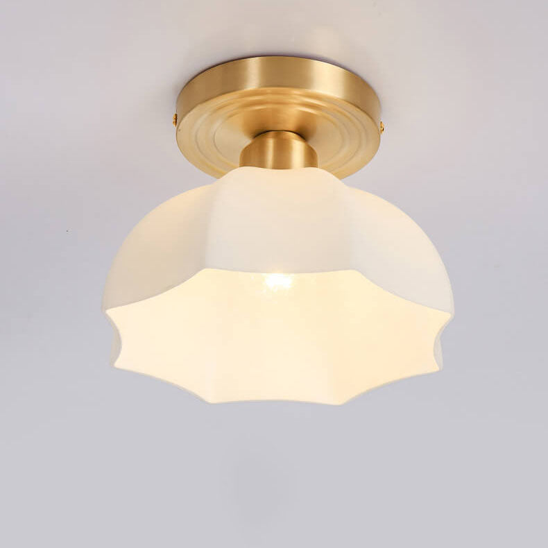Japanese Vintage Brass Glass Dome Semi-Flush Mount Ceiling Light