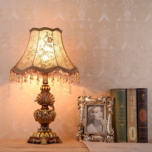 European Vintage Fabric Tassel Resin Court 1-Light Table Lamp – Elegant Home Decor Lighting, Vintage Table Lamp, Fabric Shade Lamp, Boho Chic Decor, Rustic Resin Lamp, Indoor Lighting, Stylish Bedroom Accent, Antique Design, Unique Living Room Lamp, Decor