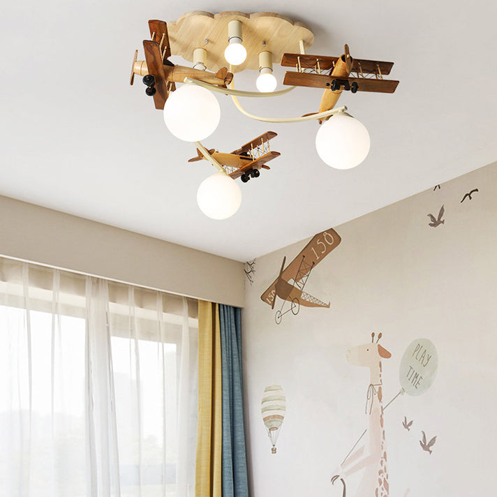 Contemporary Nordic Kids Iron Rubber Wood Glass Plane Cloud Ball 6-Light Flush Mount Ceiling Light for Bedroom, Modern Children's Lighting Fixture, Stylish Nursery Decor, Unique Playroom Illumination, Scandinavian Style Ceiling Lamp, Kid-Friendly Room Lig