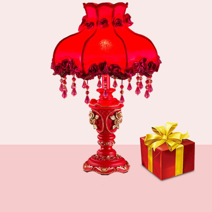 European Wedding Red Fabric Tassel Lamp - 1-Light Resin Table Lamp for Home Decor