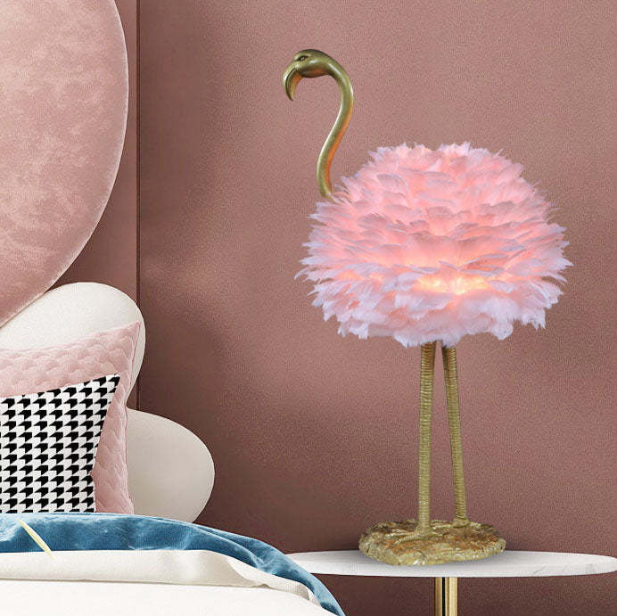 Contemporary Nordic Goose Feather Metal Flamingo Ball 1-Light Table Lamp for Bedside, Modern Accent Lighting, Decorative Bedroom Lamp, Unique Home Decor, Stylish Nightstand Light, Chic Flamingo Design, Soft Ambient Glow, Artful Lighting Fixture