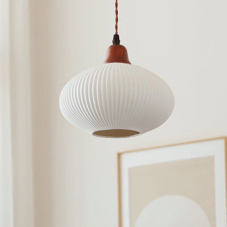 Traditional Japanese Pleated Round Dome Pendant Light - Ceramic & Wood Design for Living Room & Bedroom
