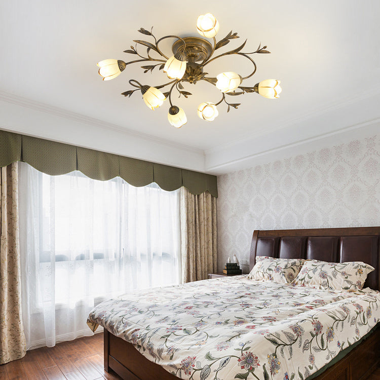 Traditional French Flower Shaped Iron Glass Semi-Flush Mount Ceiling Light for Bedroom - 4/6/8/10/12 Lights