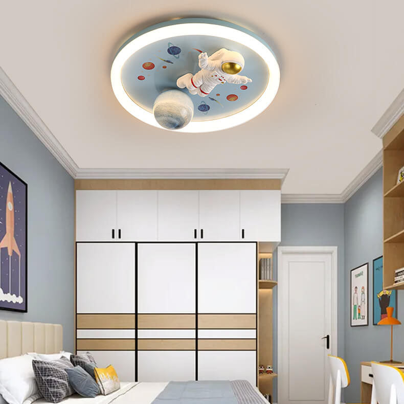 Childlike Cartoon Astronaut Acrylic LED Flush Mount Ceiling Light, Kids Bedroom Lighting, Space Theme Nursery Light, Fun Astronaut Design, Colorful Ceiling Fixture for Children, Modern Flush Mount Light, Creative Kids Room Decor, Unique Space Adventure Li