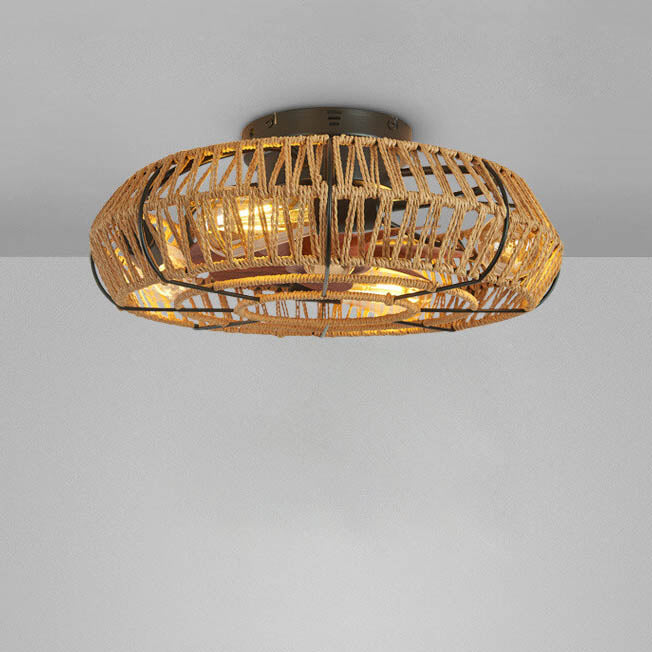 Rustic Round Drum Semi-Flush Mount Ceiling Fan Light - 4-Light Iron & Hemp Rope Fixture for Bedroom