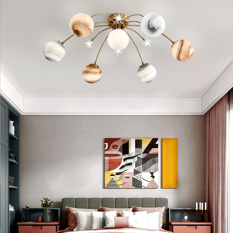 Contemporary Starry Sky 13-Light Semi-Flush Mount Ceiling Light for Bedroom, Iron and Glass Fixture, Modern Moon Design, Elegant Home Lighting