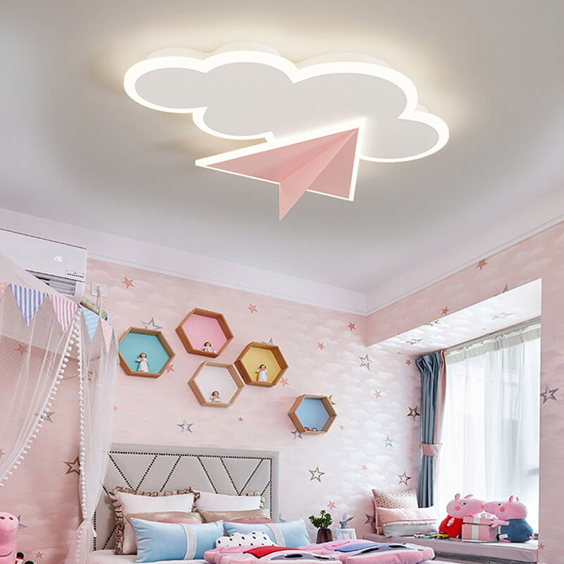 Creative Cartoon Clouds Airplane LED Kids Flush Mount Ceiling Light for Nursery, Playroom, Modern Child's Bedroom, Unique Sky Themed Lighting, Adorable Children's Room Decor, Energy Efficient Lighting Fixture, Fun Airplane and Cloud Design, Safe for Kids