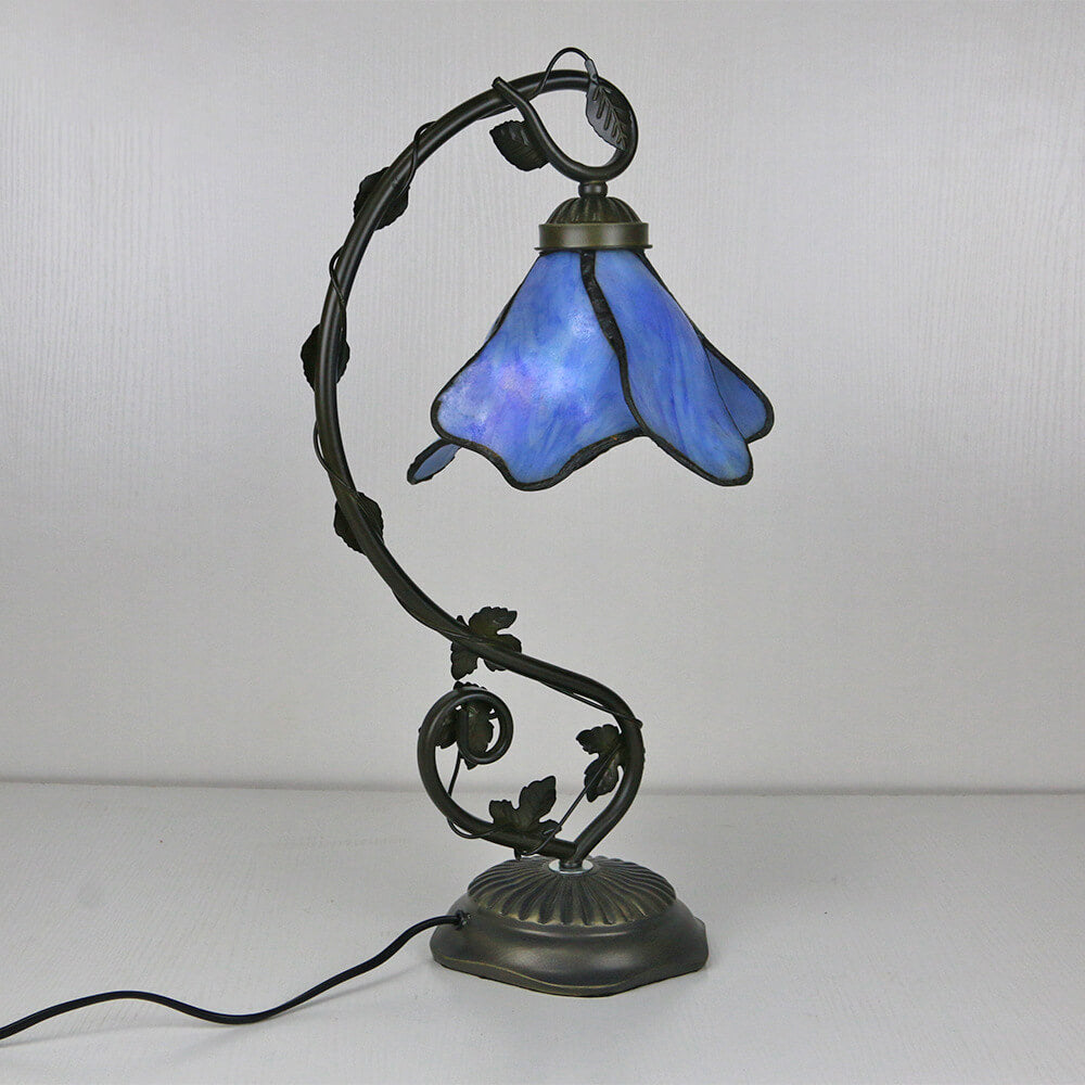 Tiffany Simple Flower Petal Resin Stained Glass 1-Light Table Lamp, Vintage Style Stained Glass Lamp, Decorative Floral Accent Lamp, Home Decor Illumination, Tiffany Inspired Lighting, Art Glass Table Lamp for Living Room, Bedroom and Office, Handcrafted