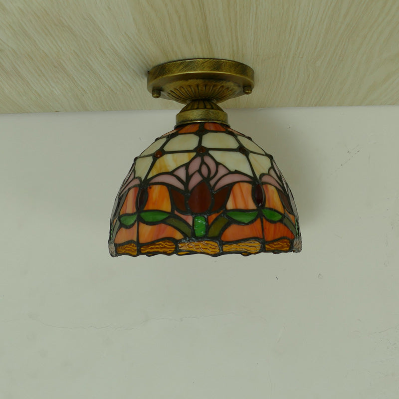 Traditional Tiffany Tulip Stained Glass Ceiling Light - Iron Dome 1-Light Semi-Flush Mount for Living Room