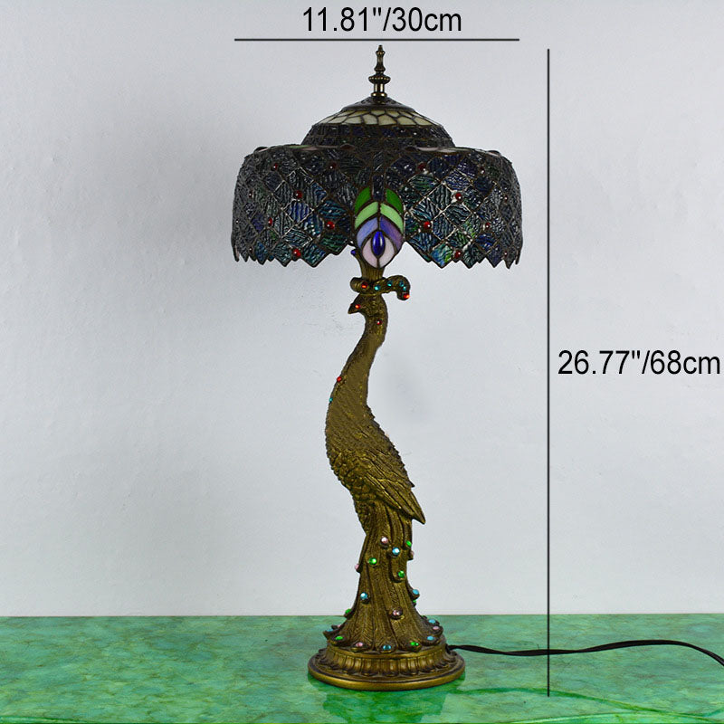 Traditional Tiffany Peacock Gem Dome Glass Resin 1-Light Table Lamp for Living Room Bedroom Decorative Lighting Vintage Home Decor Unique Gift Accent Lamp Craftsmanship Handcrafted Stained Glass Art Light Fixture Classic Design Cozy Atmosphere Bedroom Liv