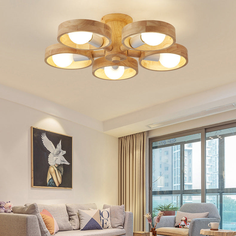 Contemporary Nordic 3/5 Light Rotatable Semi-Flush Mount Ceiling Light - Rubber Wood Design for Living Room