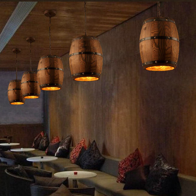 Rustic Iron Wood Wine Barrel Pendant Light for Dining Room