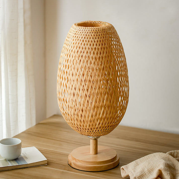 Traditional Chinese Moso Bamboo Wood Iron Weaving Oval Round 1-Light Table Lamp Bedroom Decor, Asian Style Bedside Lighting, Eco-Friendly Bamboo Lamp, Elegant Home Accent, Unique Lighting Design for Nightstand, Modern Chinese Decor, Artisanal Handmade Lam