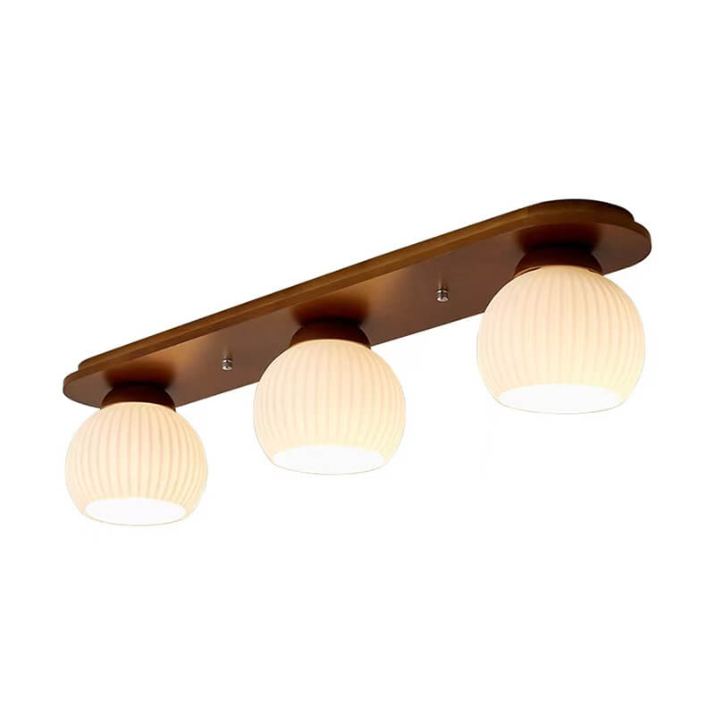 Traditional Japanese Striped Glass Wood Long Plate Flush Mount Ceiling Light