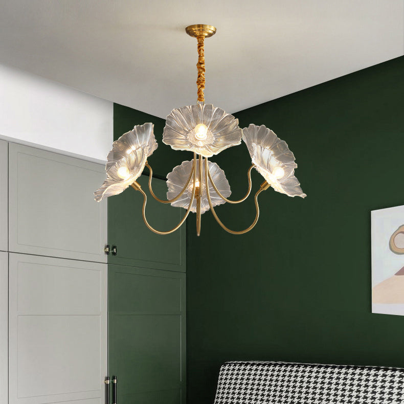 Modern Art Deco Gold Finish Chandelier with Lotus Leaf Glass Shade - 3/6 Lights for Living Room