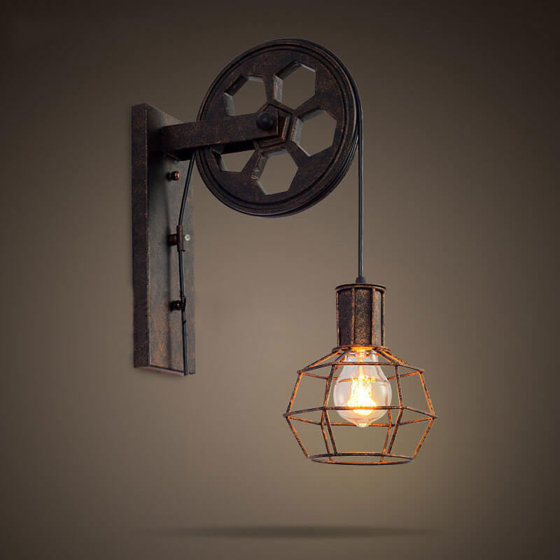 Vintage Industrial Pulley Wall Sconce - 1-Light Iron Lamp