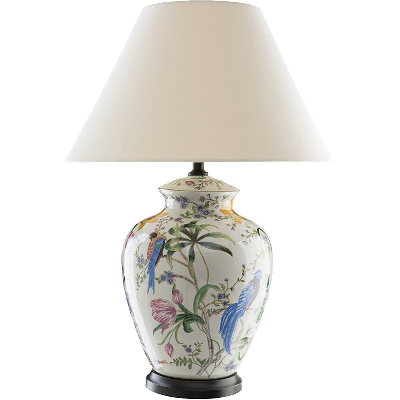 Modern Retro Ceramic Idyllic Flower and Bird 1-Light Table Lamp for Home Decor, Vintage Style Lighting, Bohemian Indoor Accent, Artistic Floral Design, Contemporary Nightstand Light, Unique Gift for Living Room, Bedroom, Office, Handcrafted Ceramic Base,