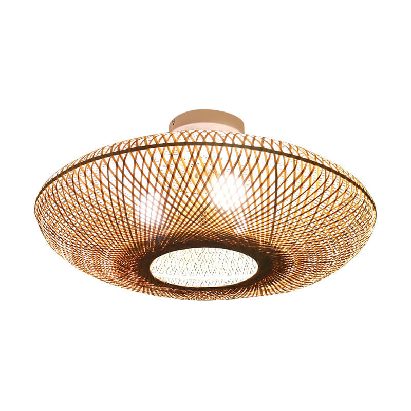 Traditional Japanese Bamboo Weaving Flying Saucer 3-Light Semi-Flush Mount Bedroom Light