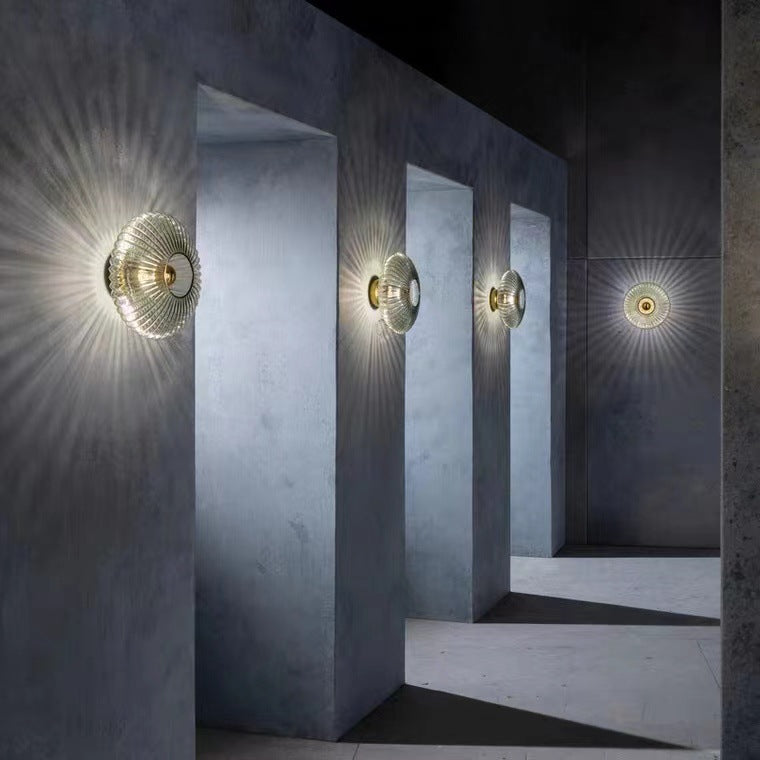 Contemporary Nordic Iron Striped Glass Wall Sconce Lamp - 1-Light Round Disc for Living Room