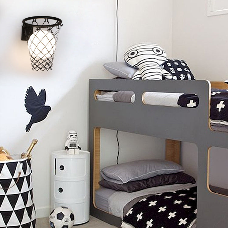 Modern Art Deco Kids Iron Glass Basketball Hoop 1-Light Wall Sconce Lamp Bedroom Lighting Decorative Fixture Adjustable Sports Theme Room Decor Playful Nightlight for Boys Girls Unique Design Fun Basketball Decor Wall Light