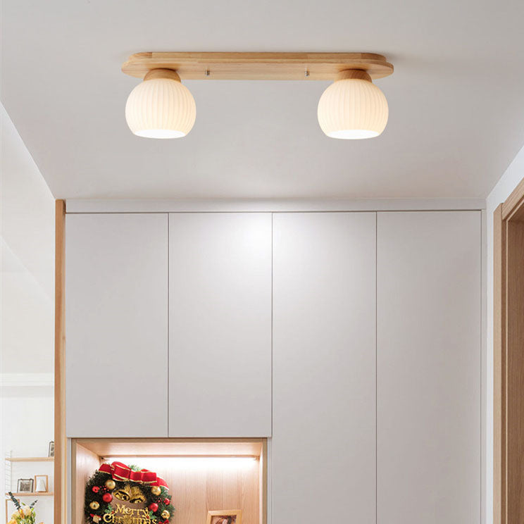 Traditional Japanese Striped Glass Wood Long Plate Flush Mount Ceiling Light