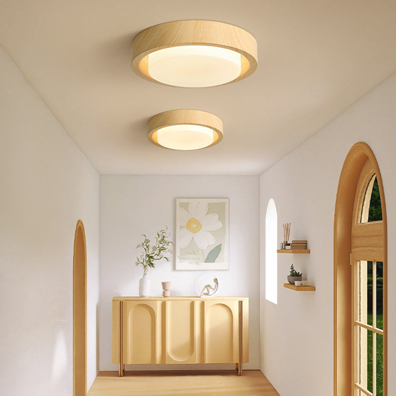 Traditional Japanese Round Glass LED Flush Mount Ceiling Light - Wood Grain Design for Bedroom
