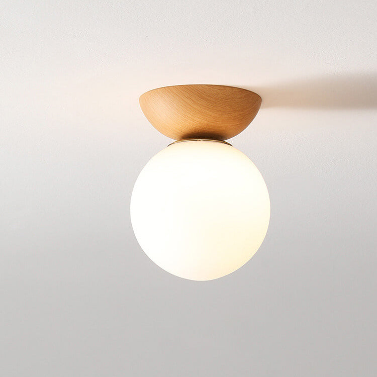Japanese Minimalist Wood Grain Round Flush Mount Ceiling Light - 1-Light Glass Fixture