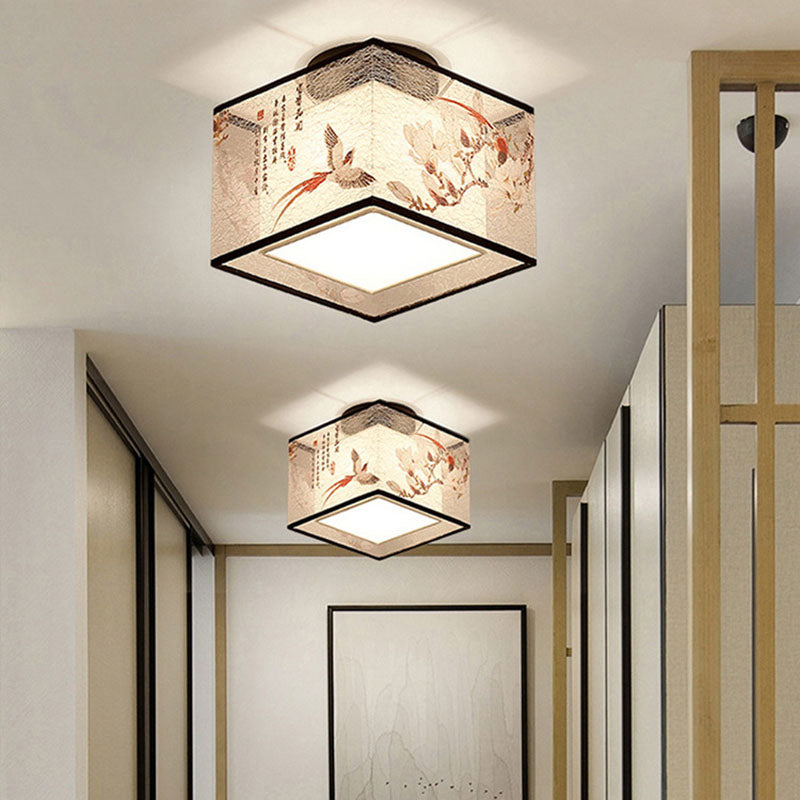 Traditional Chinese Square Iron Semi-Flush Mount Ceiling Light for Hallway