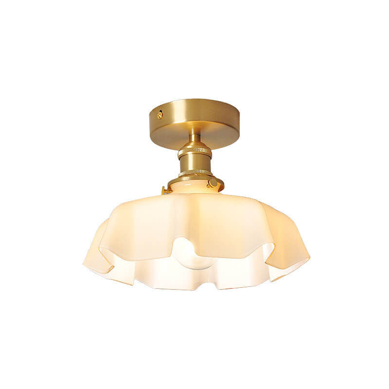 Japanese Vintage Cream Glass Floral Brass Semi-Flush Mount Ceiling Light