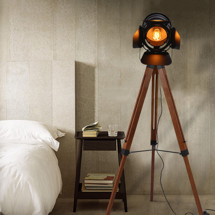 Contemporary Industrial Vintage Solid Wood Iron Tripod Floor Lamp for Living Room