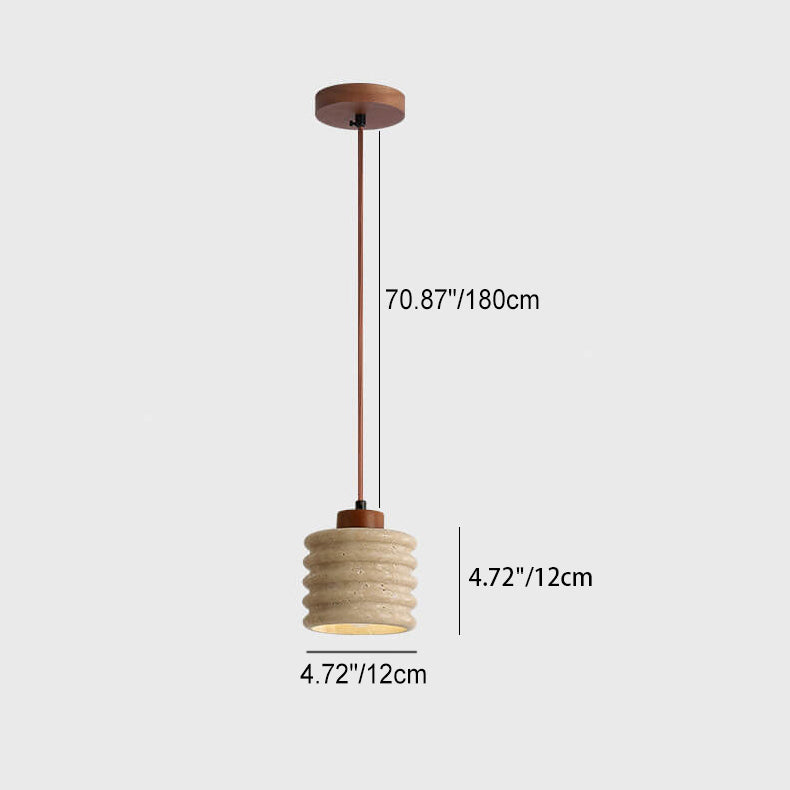 Wabi-Sabi Yellow Travertine Cylinder Pendant Light - Wood 1-Light Lampshade