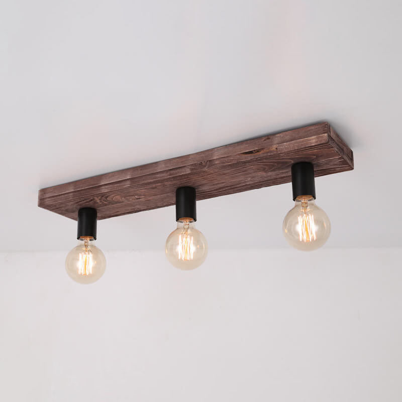 Retro Solid Wood 3-Light Flush Mount Ceiling Light with Glass Lampshade
