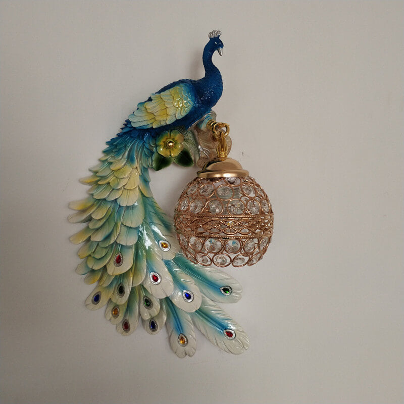 Vintage Ornate Peacock Crystal Ball Wall Sconce Lamp 1-Light