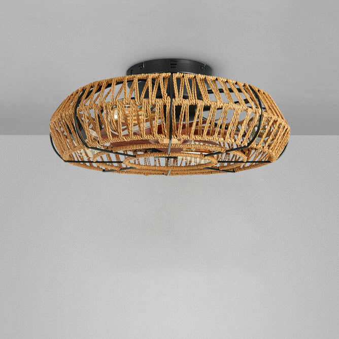 Rustic Round Drum Semi-Flush Mount Ceiling Fan Light - 4-Light Iron & Hemp Rope Fixture for Bedroom