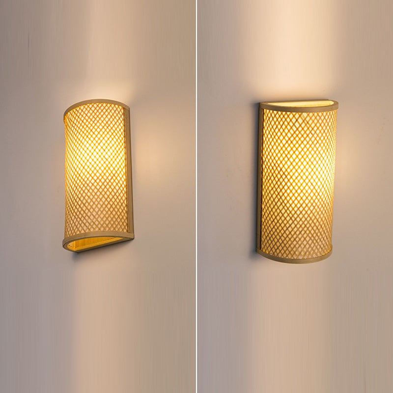 Traditional Japanese Bamboo Wall Sconce Lamp - Semicircular Cylinder, 2-Light for Bedside Lighting