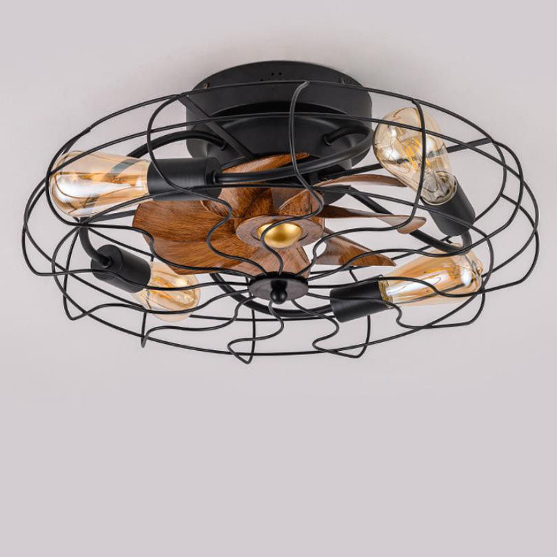 Contemporary Industrial Wood Grain Drum Cage Ceiling Fan Light - 3-Light Flush Mount for Living Room