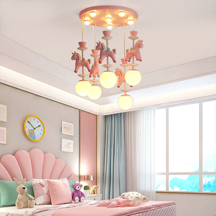 Modern Art Deco Kids Flush Mount Ceiling Light - Iron Resin Glass Round Base, 1/3/5 Light - Stylish Bedroom Lighting Fixture, Horse Theme, Vintage Inspired, Unique Decorative Light for Children's Rooms, Stylish Interior Illumination, Decorative Flush Moun