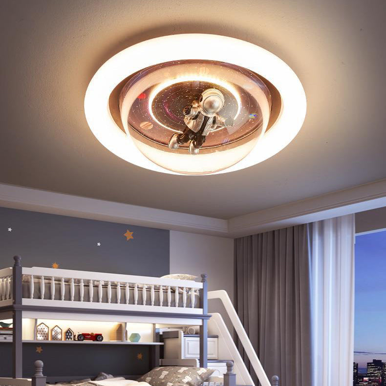 Contemporary Cartoon Planet Resin Astronaut Acrylic Round Shade LED Kids Flush Mount Ceiling Light for Bedroom, Nursery Ceiling Fixture, Space Theme Room Decor, Childrens Lighting, Modern Kids Bedroom Illumination, Fun Astronaut Design, Colorful Space Adv