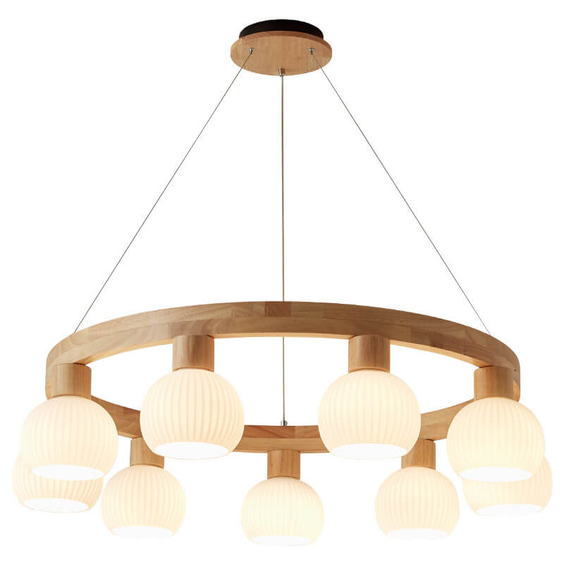 Modern Japanese Log Ring Textured Glass Globe Chandelier - 3/6/9 Light Pendant Fixture for Dining Room, Living Room, and Entryway Lighting