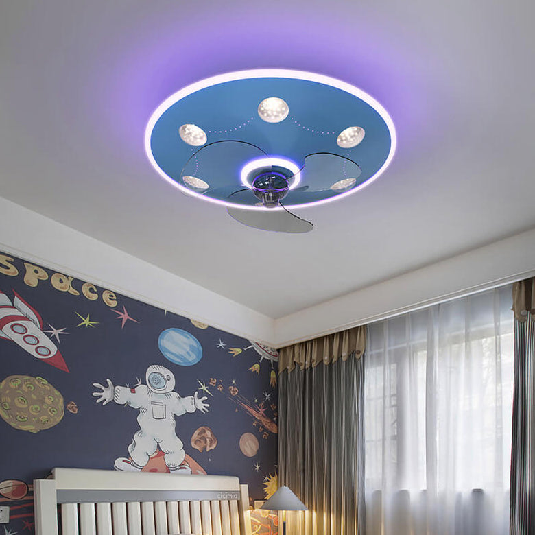 Modern Cartoon UFO Ceiling Fan Light - Round Iron Acrylic LED Flush Mount for Kids