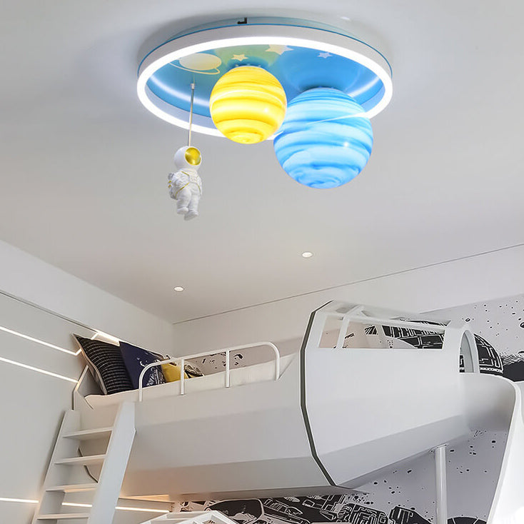 Astronaut Planet Round Kids Flush Mount Ceiling Light - Space Themed Nursery Lighting, Outer Space Decor, Children's Bedroom Fixtures, Astronaut Design Ceiling Lamp, Kids Room Lighting Fixture, Galaxy Ceiling Light for Boys and Girls, Starry Sky Indoor Il