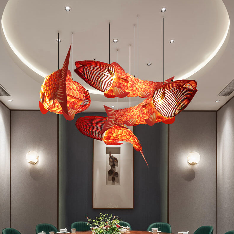 Traditional Chinese Koi Fish Chandelier - Iron PVC Fabric 2/4 Light Dining Room Decor