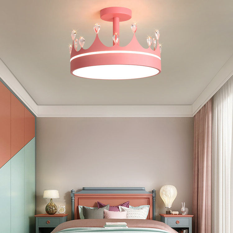 Contemporary Creative Cartoon Crown LED Kids Semi-Flush Mount Ceiling Light for Bedroom, Cute Nursery Lighting Fixture, Stylish Children's Room Decor, Energy-Efficient LED Ceiling Lamp, Modern Crown Design, Fun and Playful Kids Lighting, Bright and Cheerf